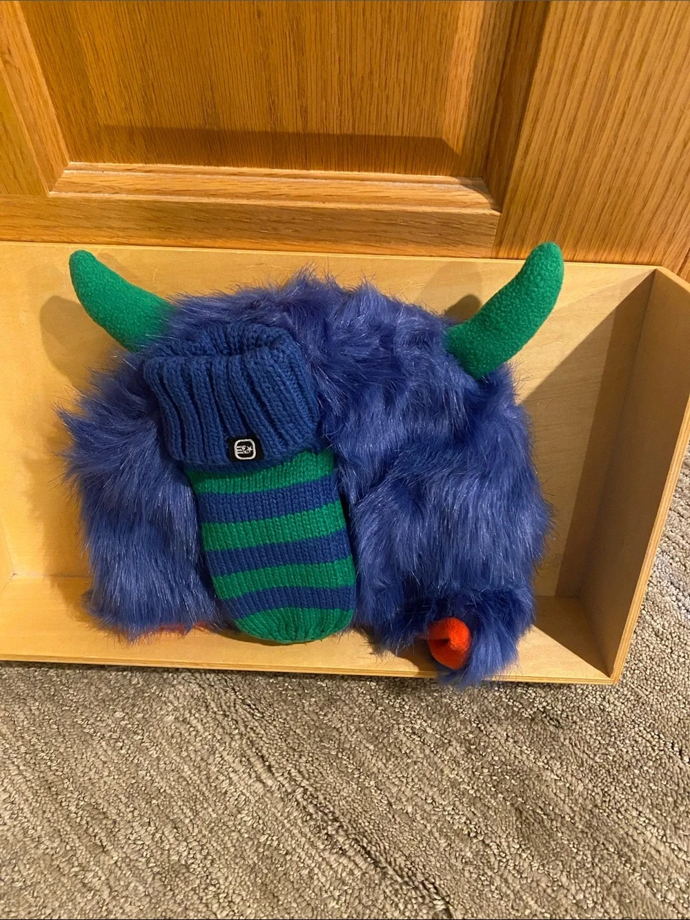 Free Country Kids Blue Furry Monster Hat with Green Horns and Striped Mitten